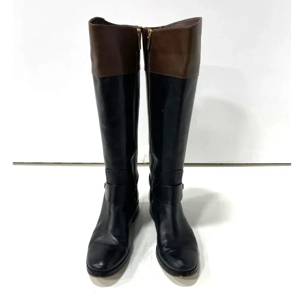 Michael Kors Fulton Harness Two Tone Black Brown Leather Riding Boots 6.5